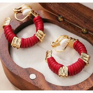 Clip on 1" indented gold and red leather wrapped hoop earrings